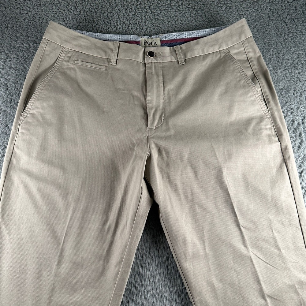Perk Chino Pants Mens 36x30 Slim Fit Stretch Khaki Beige Flat Front Casual - Picture 2 of 12